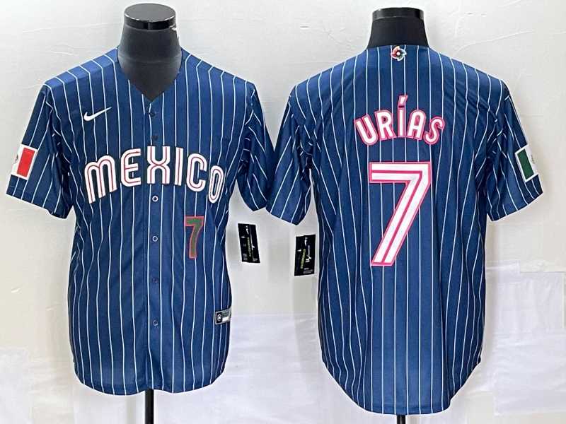 Men%27s Mexico Baseball #7 Julio Urias Number Navy Blue Pinstripe 2020 World Series Cool Base Nike Jersey2